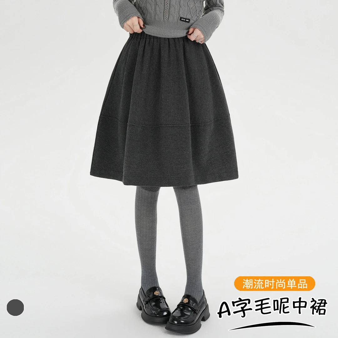 复古毛呢格子A字中裙女秋冬新款松紧高腰拼接遮胯显瘦蓬蓬半身裙