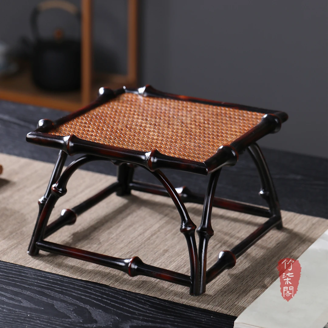 筇竹花台茶台桌面花架子茶室大漆花几新中式花架竹编茶具置物架子