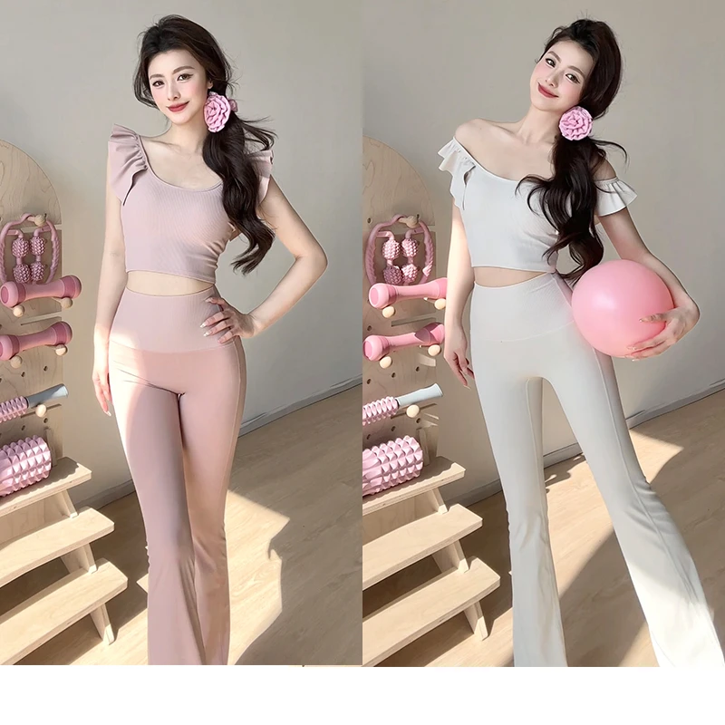 气质瑜伽套装夏季显瘦健身普拉提训练服装高腰提臀裸感微喇瑜伽裤