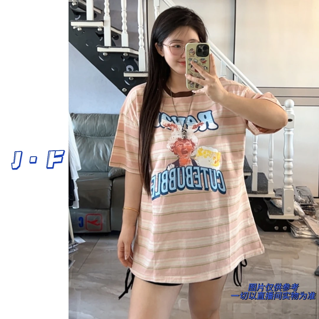 JF定制大码女装25111美式撞色圆领字母印花条纹ins风中长款T恤