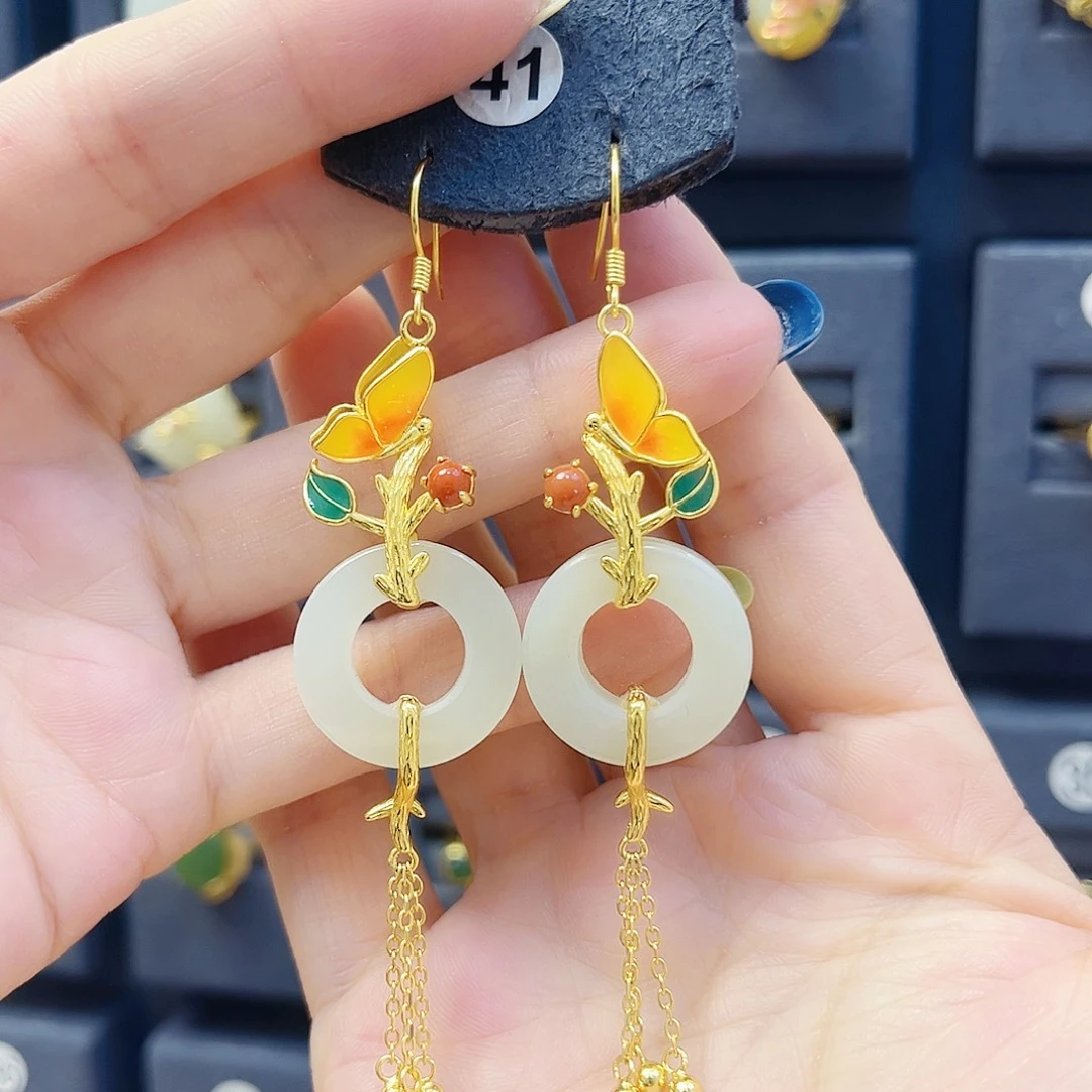 和田玉银S925镀金镶嵌耳饰