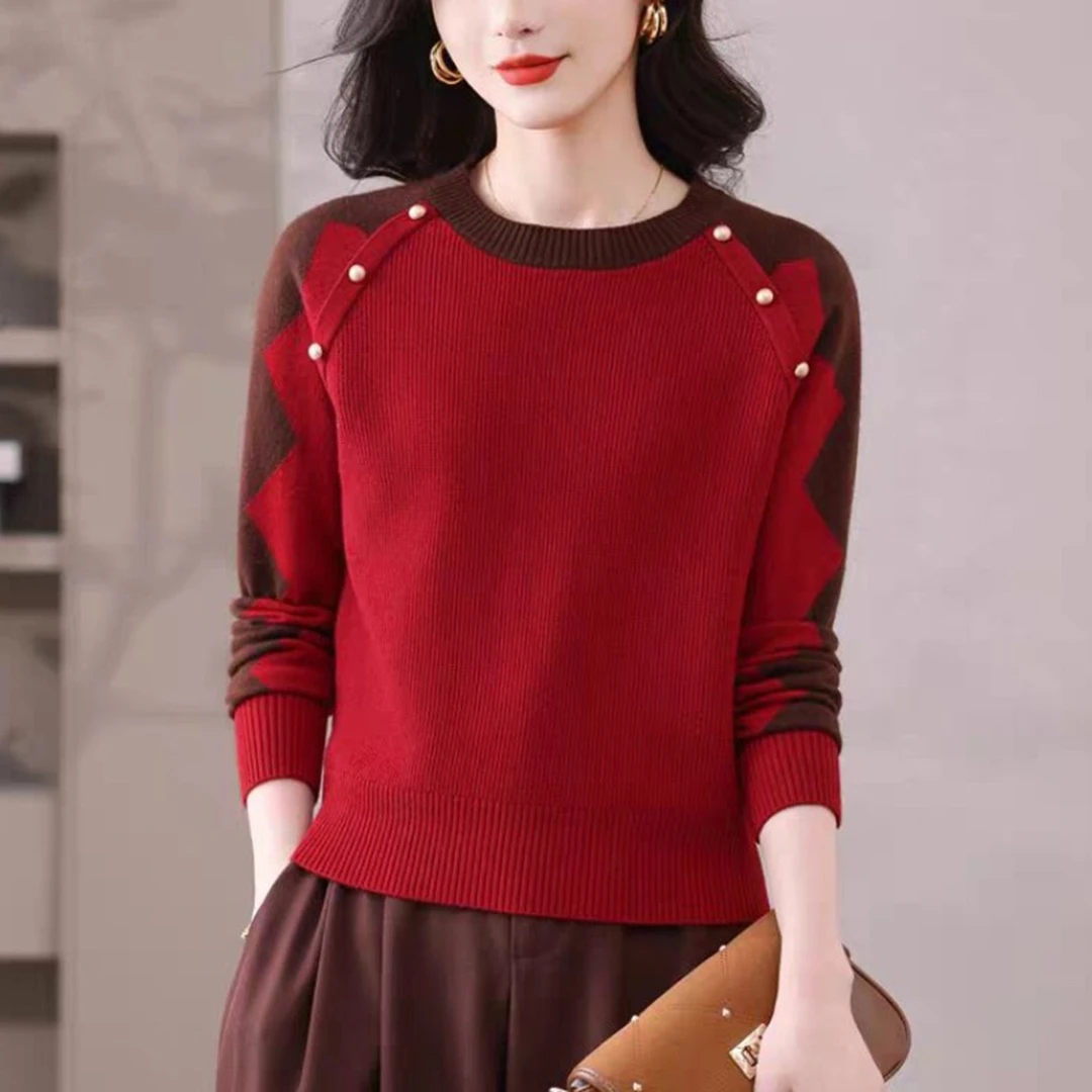 2025秋冬新款圆领拼色毛衣女针织衫气质宽松显瘦时尚减龄上衣外套