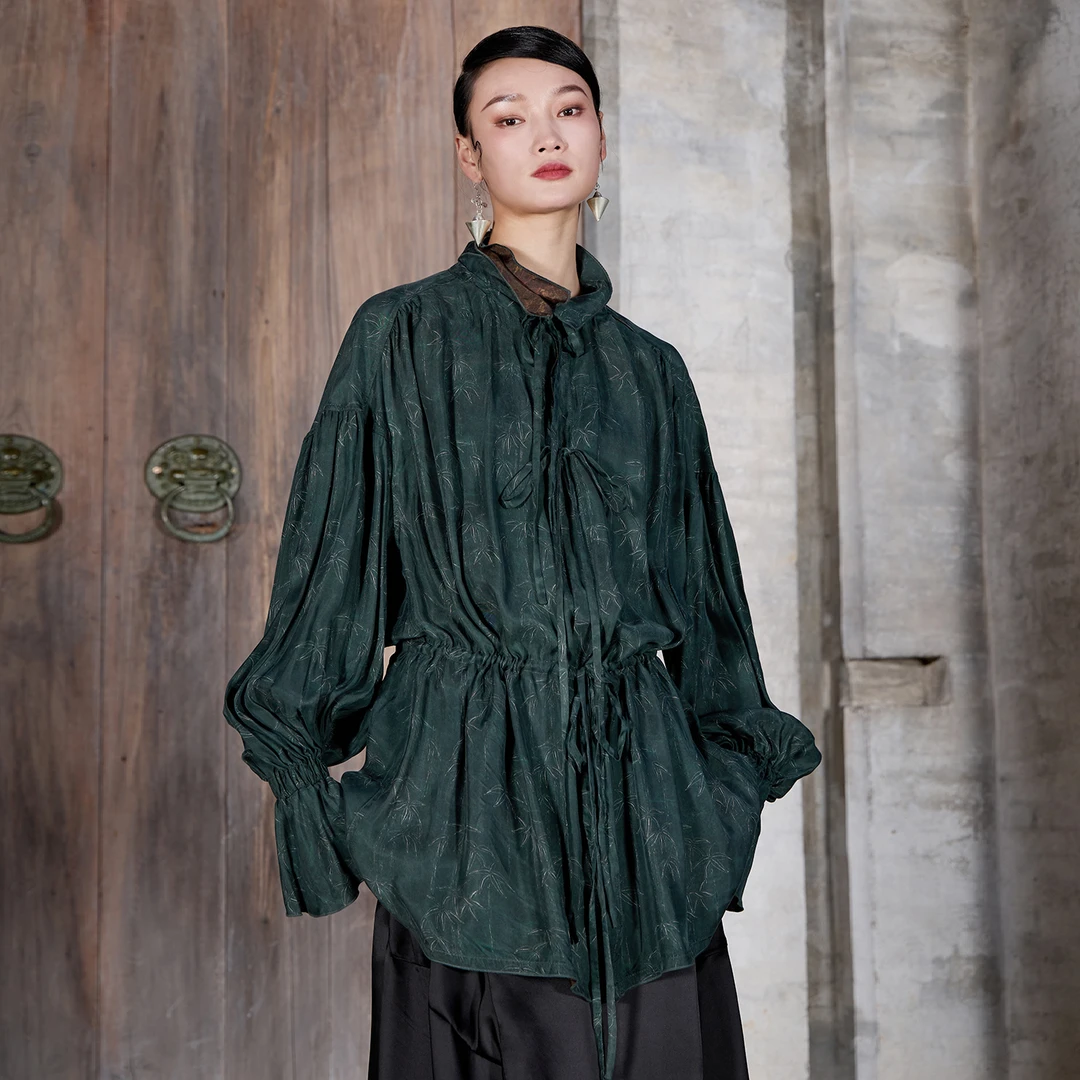 界内界外文艺复古铜氨丝印花双面穿宽松长袖个性慵懒衬衫J51C2014