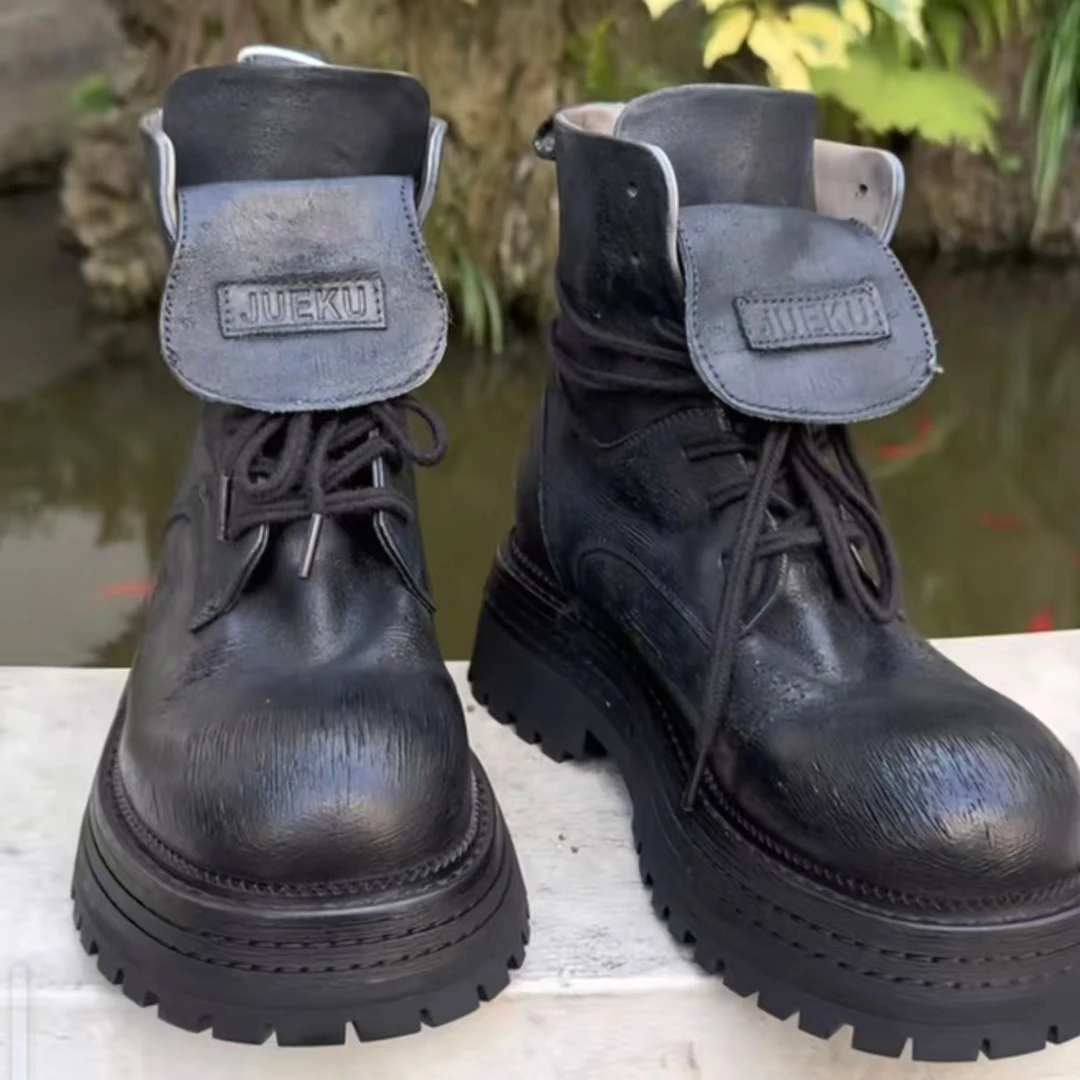 力SF 原创纯手工女鞋意大利复古水洗马皮百搭玄青黑马丁靴男女款