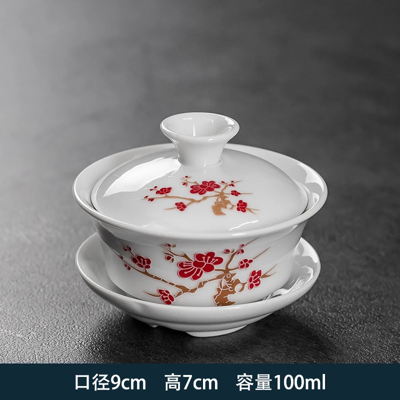 单个功夫茶碗带盖三才茶杯陶瓷家用泡茶具傲骨梅花-三脚盖碗