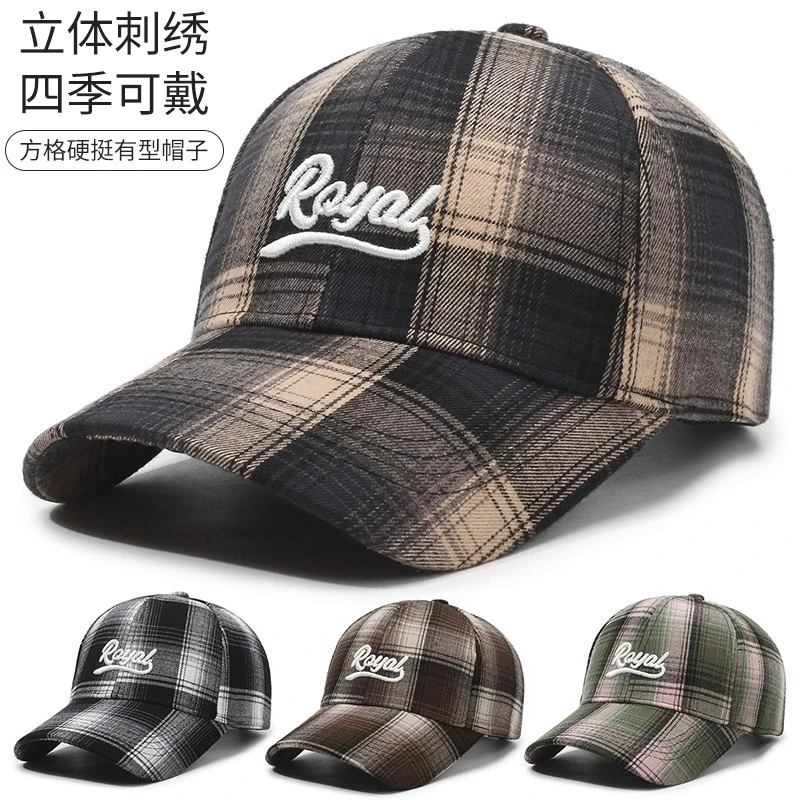 大方格子款帽子男士户外休闲遮阳帽女显脸小鸭舌帽刺绣防晒棒球帽