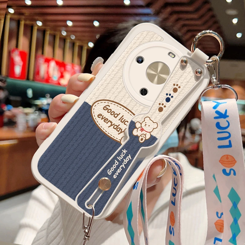 英文小熊适用华为畅享70X手机壳新款腕带小羊皮斜挎挂绳全包软壳