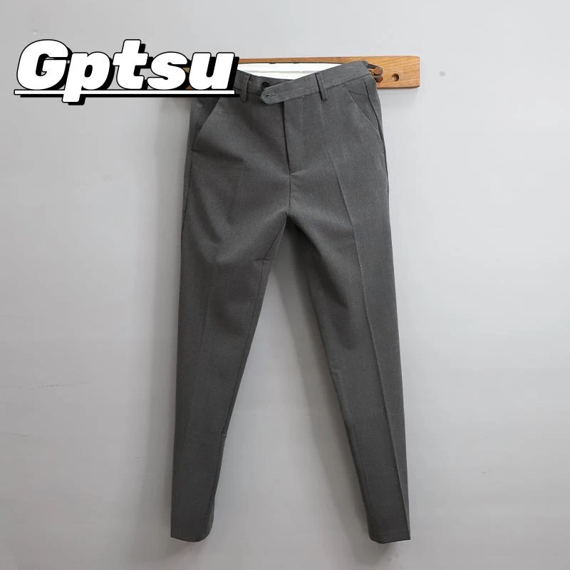 GPTSu纯色男士休闲裤春秋季修身小脚百搭男裤商务刺绣西裤长裤男