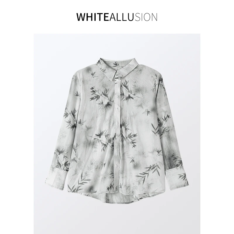清仓【1731】新中式水墨晕染防晒衬衫长袖薄款印花竹叶上衣