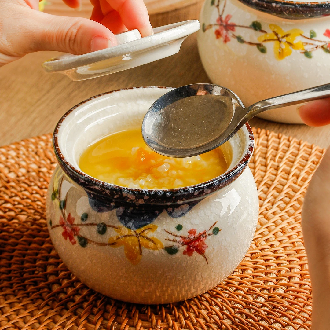 老式釉下彩小炖盅家用带盖汤盅隔水汤罐蒸蛋碗蒸鸡蛋羹碗甜品碗