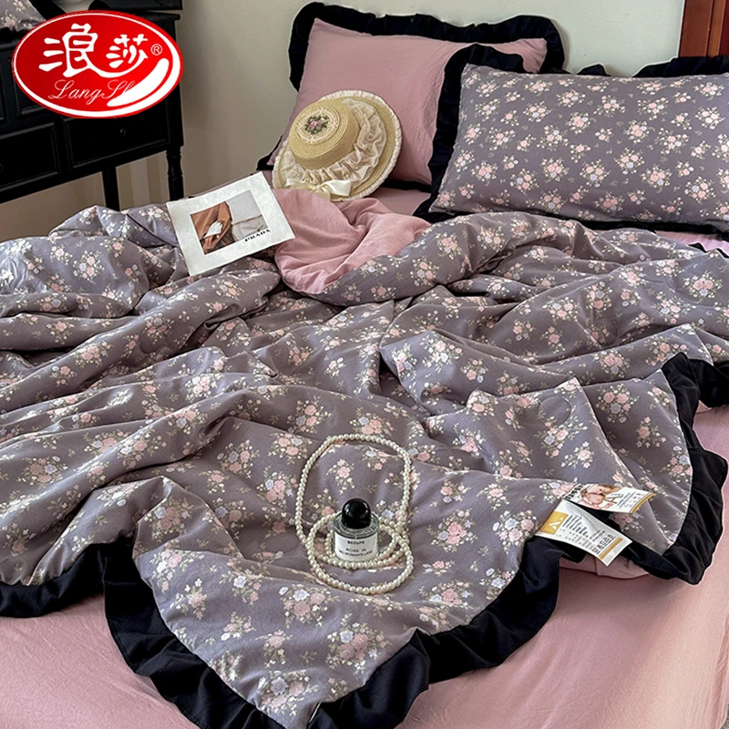 浪莎法式复古夏凉被四件套碎花夏被单双人空调被非全棉纯棉可机洗