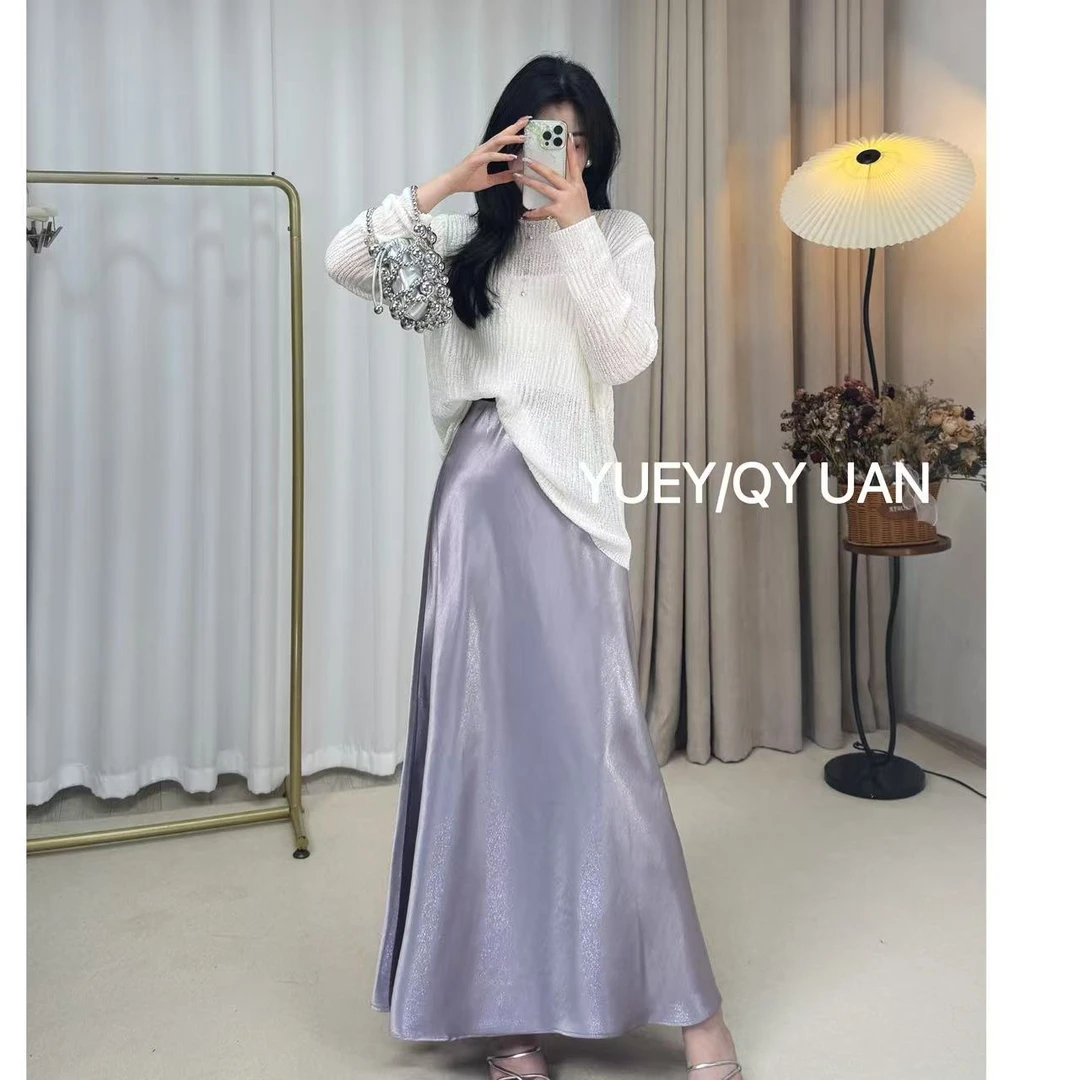 夏季款珠光闪闪缎面复古百搭丝滑半身裙松紧腰显瘦A字裙长裙