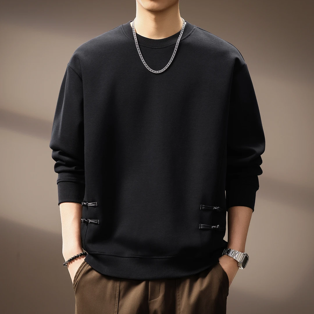 美式复古简约风纯色休闲重磅卫衣男秋季新款盘扣装饰宽松圆领上衣