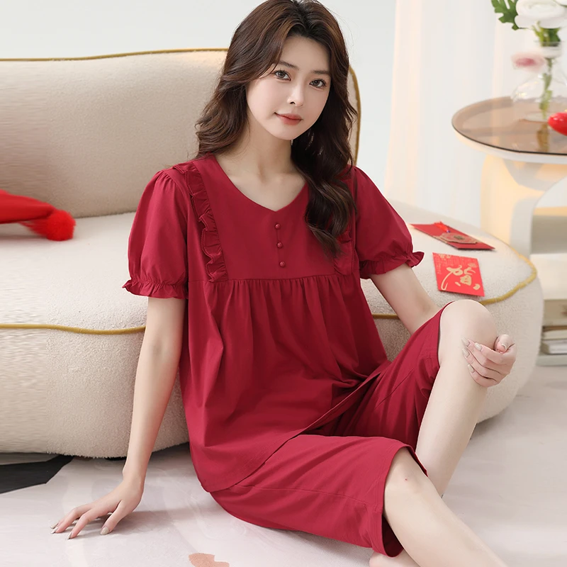 2025夏季新款丝光棉睡衣女士甜美风高级感家居服套装可外穿本命年