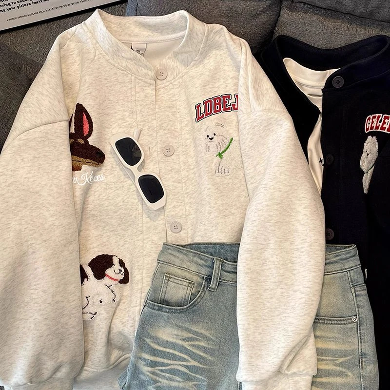 韩系秋冬新款卡通小狗刺绣开衫卫衣外套女棒球服百搭长袖上衣服
