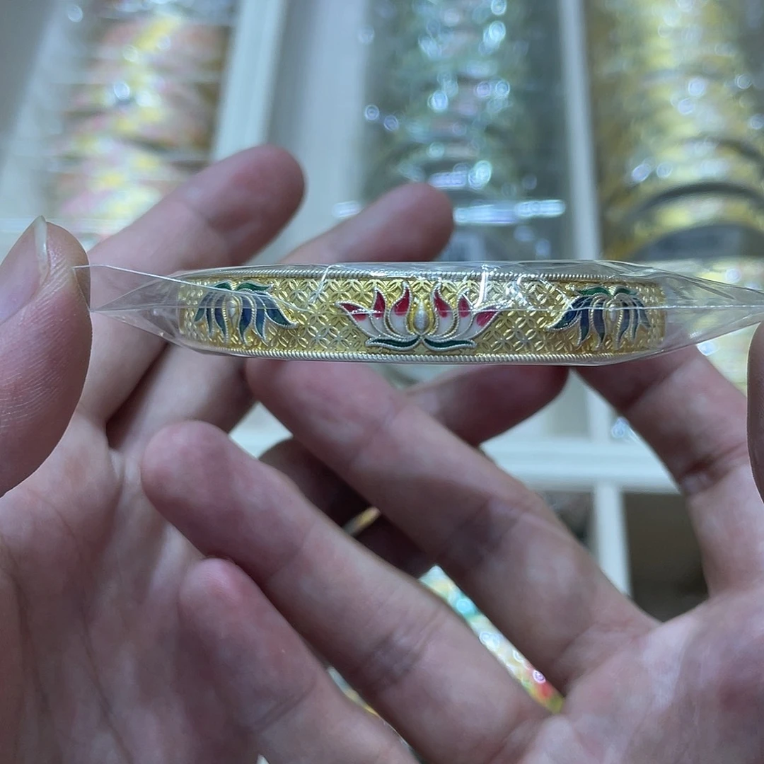 珐琅足银莲花开口手镯约38.7g