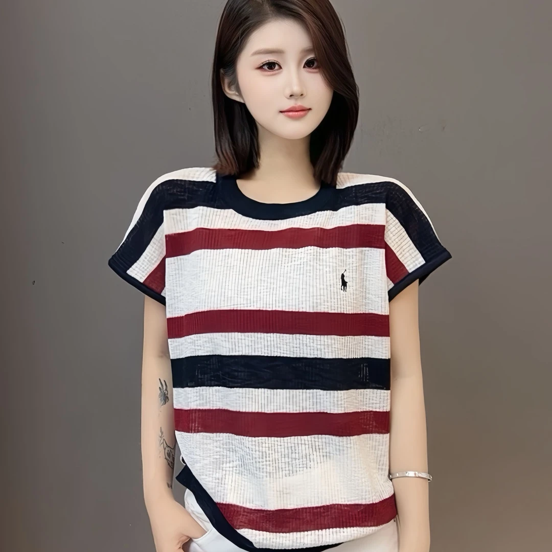 2025夏季圆领针织麻料小马飞机袖气质百搭洋气红蓝条纹款752