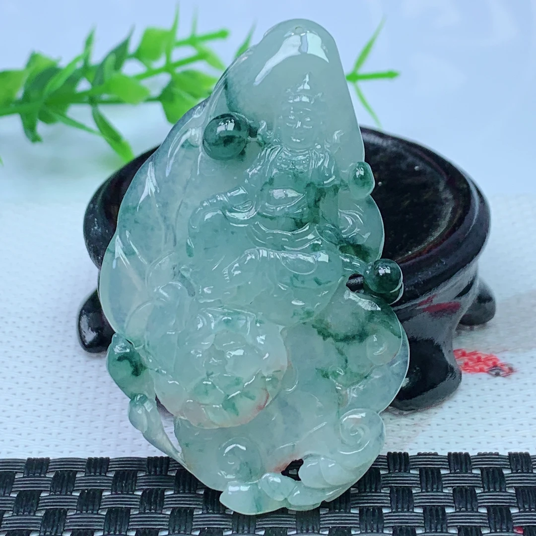 缅甸天然A货翡翠 冰飘花莲花观音牌吊坠 尺寸；64.5*39.7*7mm