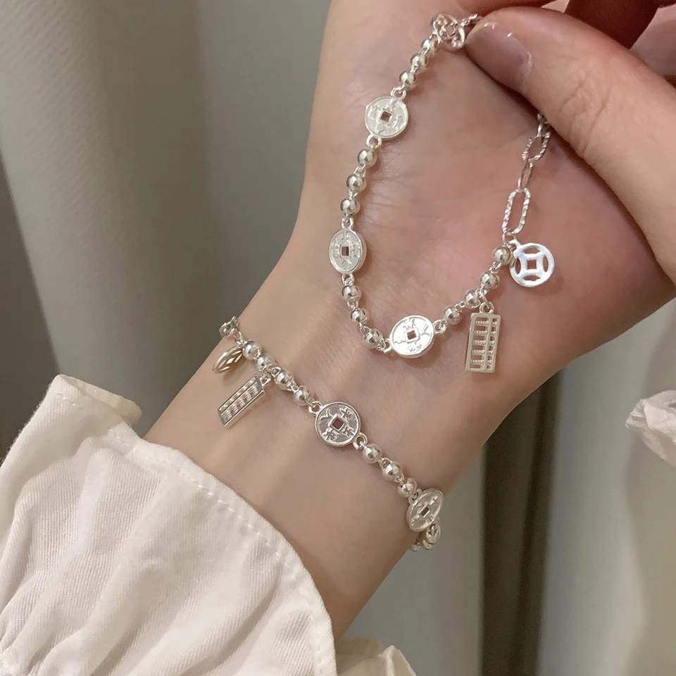 足银手链 中式简约纯银招财钱币算盘串珠手链女轻奢精致百搭手饰
