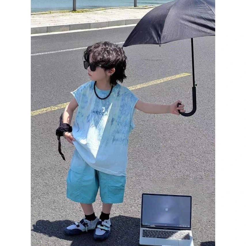 【小哥穿搭】男孩夏季套装渐变坎肩时尚无袖短裤一整套中大童25D89