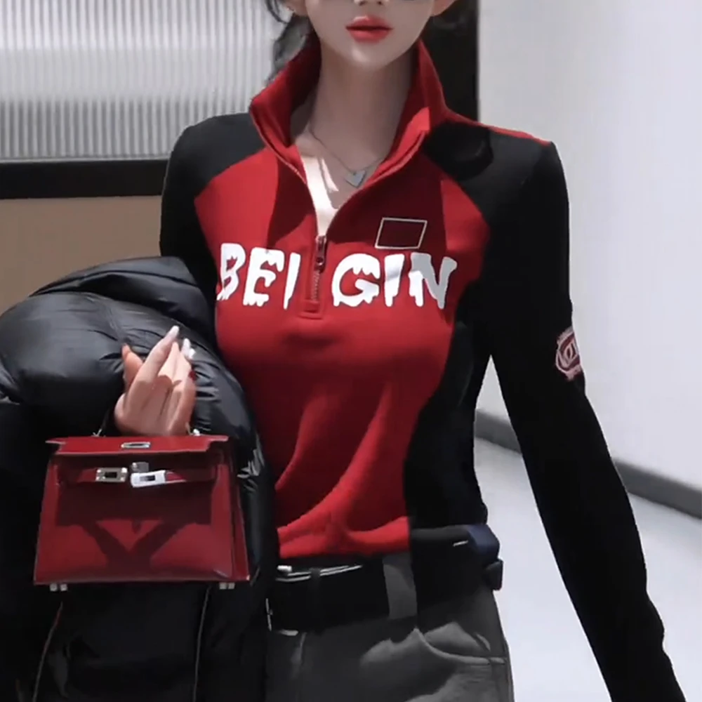 打底衫女款爆款2025新款半拉链撞色加厚保暖长袖秋冬运动时尚立领