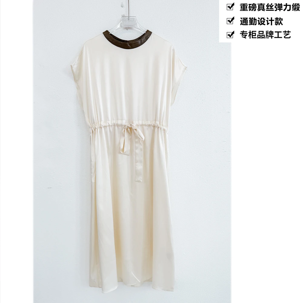 重磅真丝弹力缎通勤显瘦腰带桑蚕丝连衣裙ZKC87