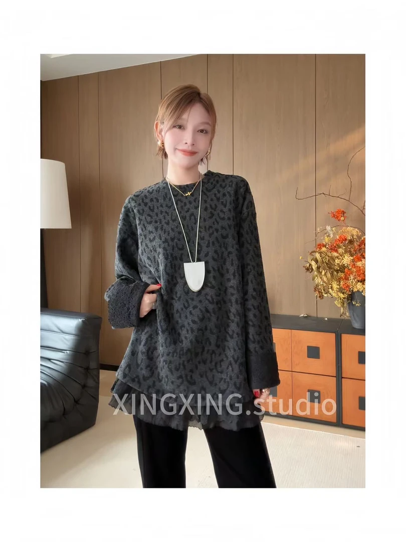 X.x.欧洲站新款豹纹加绒长袖卫衣女宽松时尚洋气百搭上衣3928