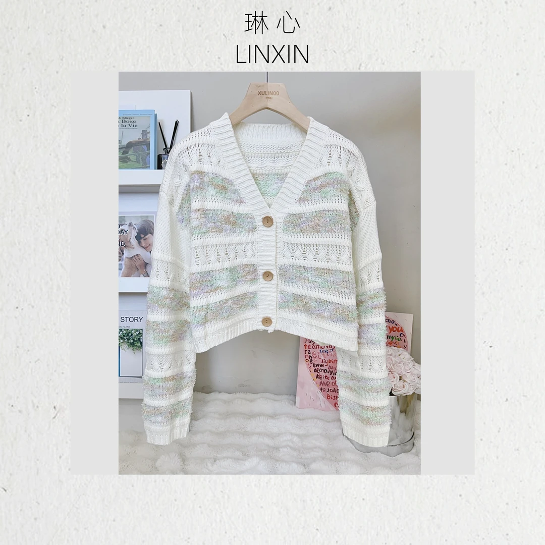 丨早秋粉色时尚镂空珊瑚色长袖针织开衫 QJR2329