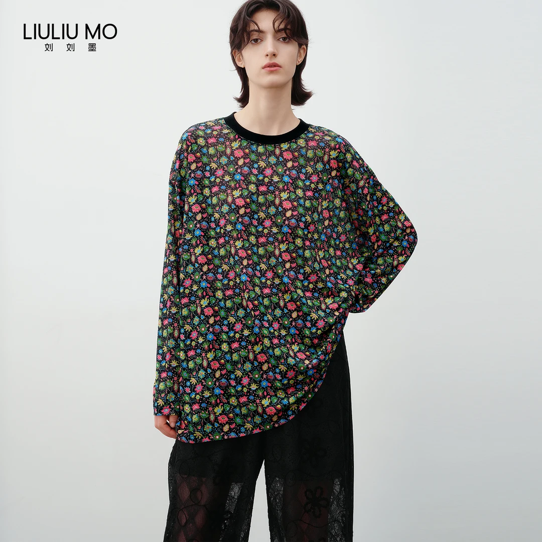 刘刘墨小众设计夏季新款时尚碎花轻薄垂坠宽松百搭长袖防晒T恤