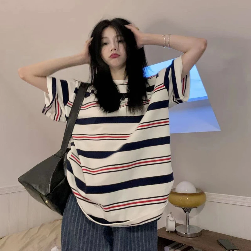 拼色条纹显瘦短袖t恤女2025新款美式显瘦宽松上衣中长款百搭ins潮