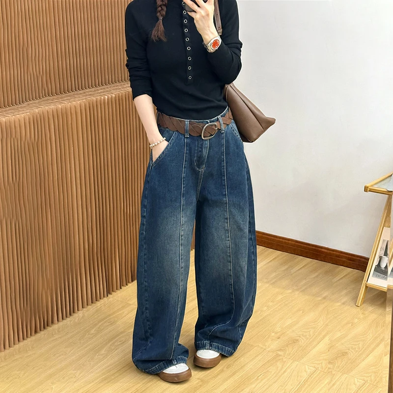 复古拖地弯刀加绒牛仔裤女欧洲站2025秋冬新款欧货女装阔腿裤子潮