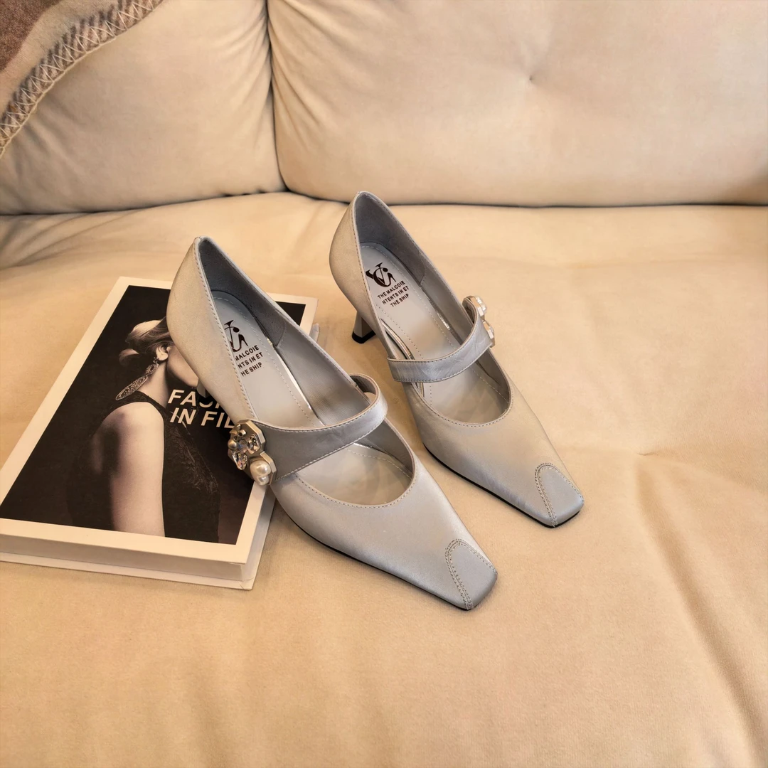 Van Gerch牛皮跟高7CM方头单鞋女气质时尚法式粗跟高跟尖头买1赠3