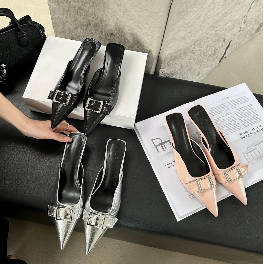 法式气质尖头皮带扣细跟外穿凉拖鞋低跟浅口包头半拖