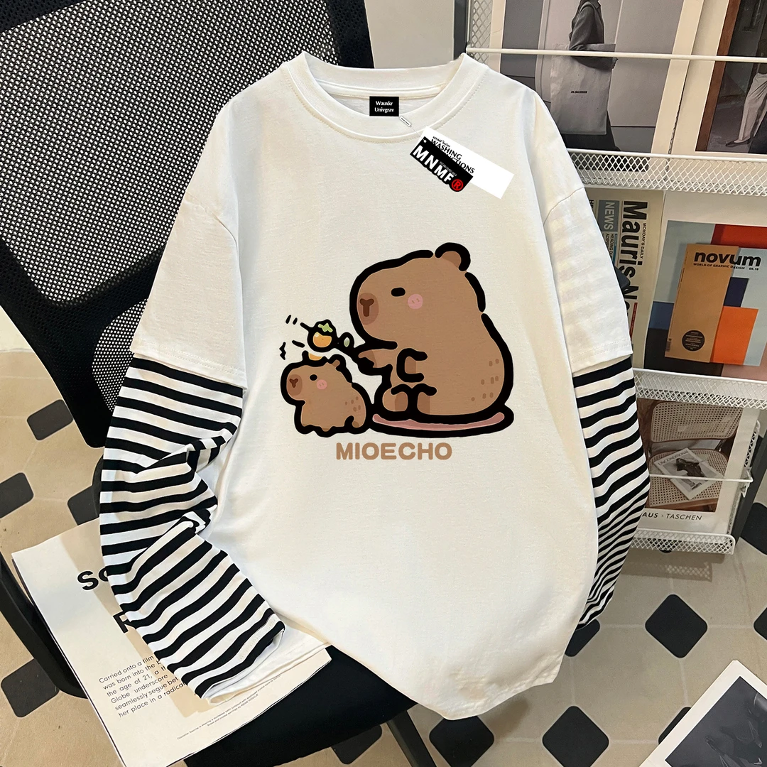 秋季女童假两件长袖t恤可爱ins卡皮巴拉印花百搭学院风中大童上衣