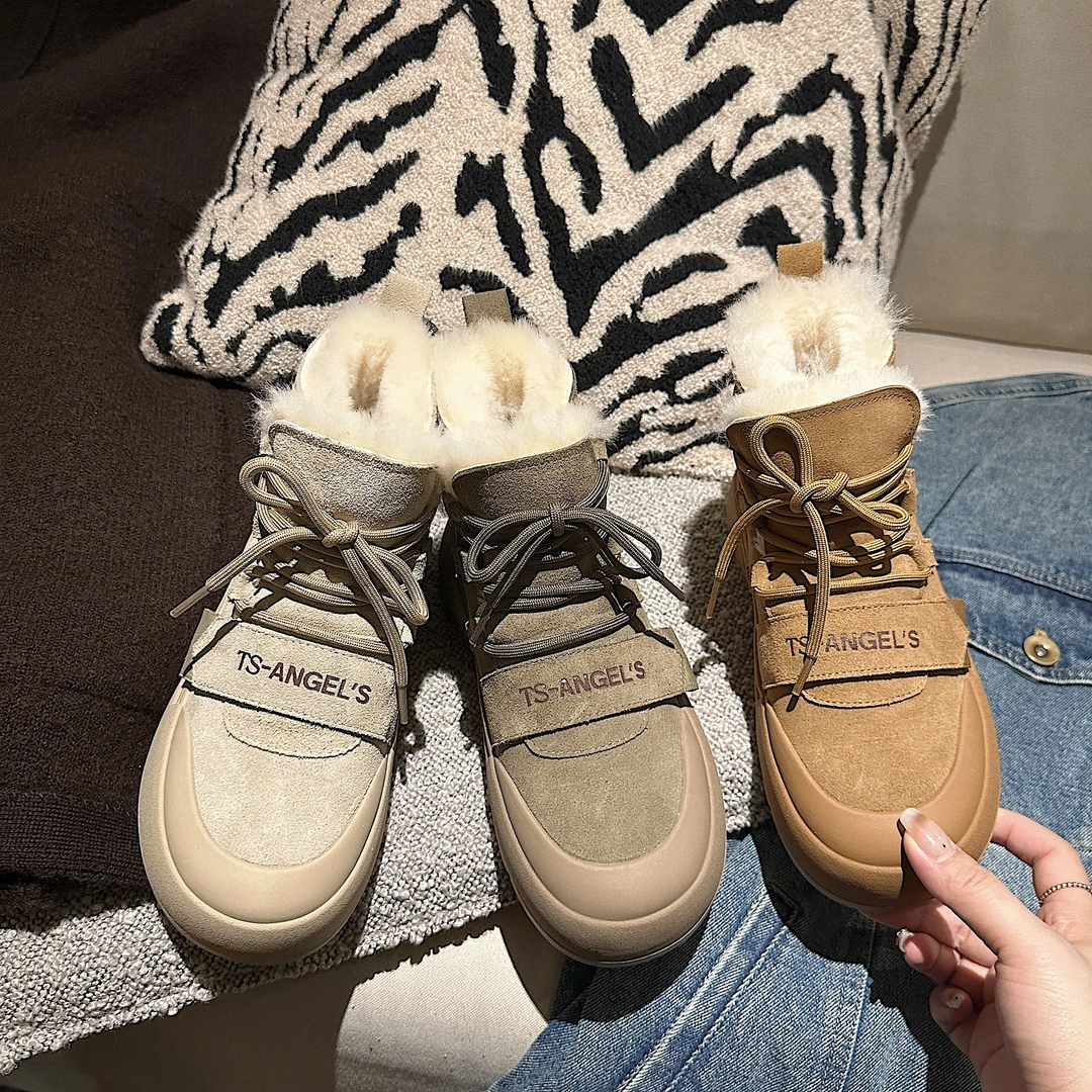 TS短靴2024冬季新款加绒保暖圆头系带厚底百搭毛绵鞋短靴