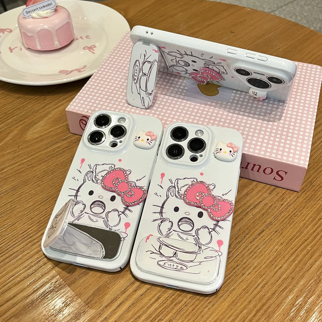 素描KT闪钻蝴蝶结适用苹果16/13手机壳iPhone华为vivoppo小米15女