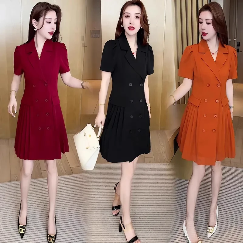 短袖双排扣连衣裙2025夏季新款时尚气质裙子女小个子职业中长裙子