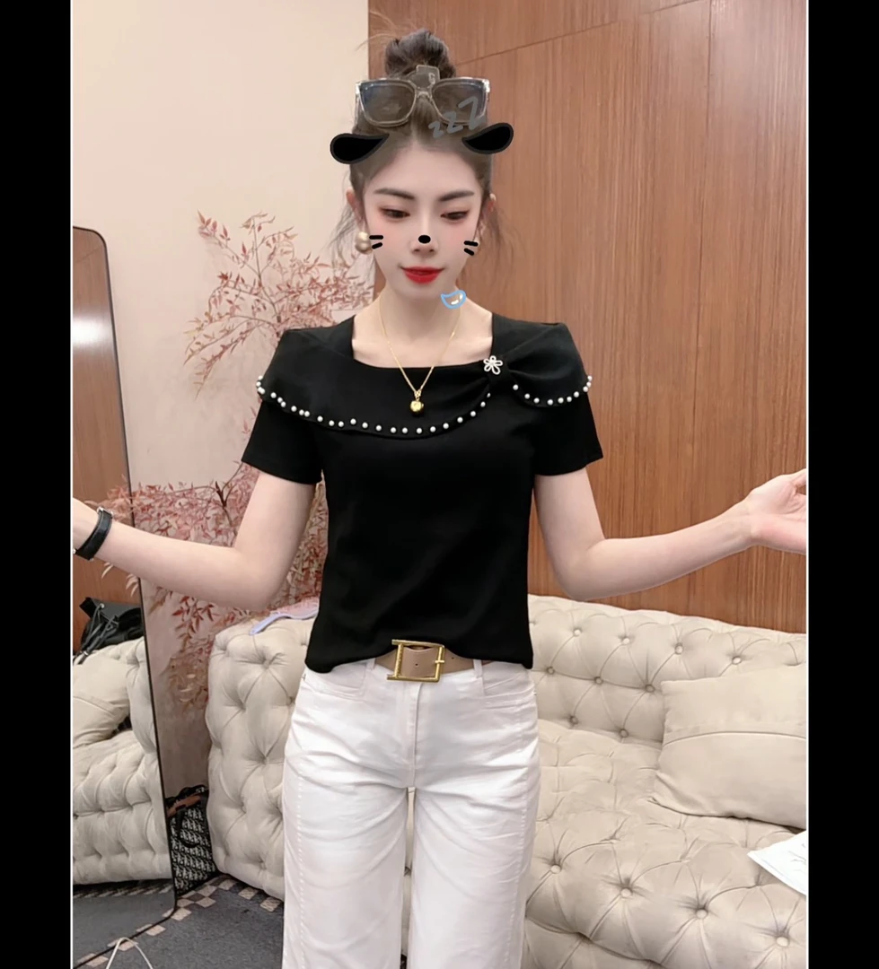 月月家，夏季新款设计感蝴蝶结短袖洋气遮肉显瘦百搭上衣508