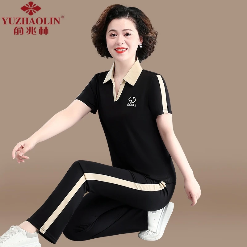 中年妈妈夏装运动服套装洋气2025新款上衣中老年女装夏季短袖t恤