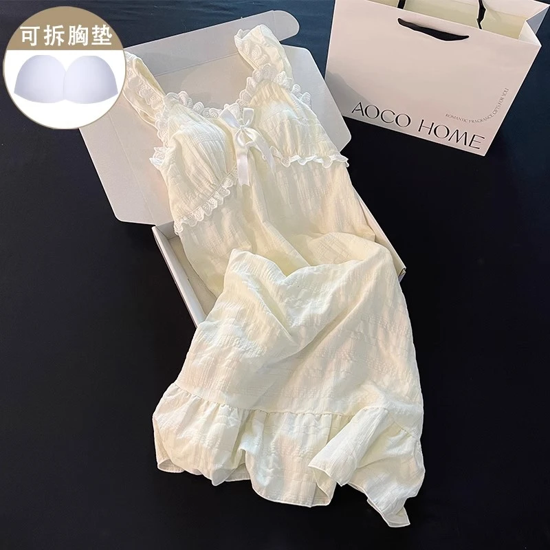 带胸垫吊带睡衣女纯棉公主风甜美少女蝴蝶结宽松蕾丝中长款连衣裙