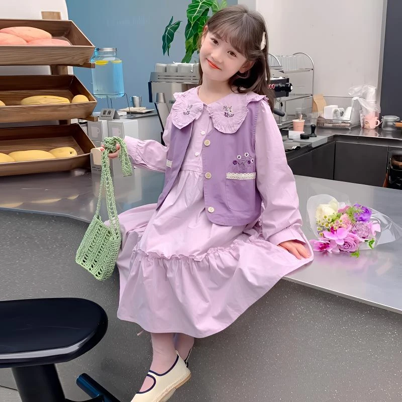 女童春装连衣裙套装新款儿童洋气中大童女孩春秋季裙子马甲两件套