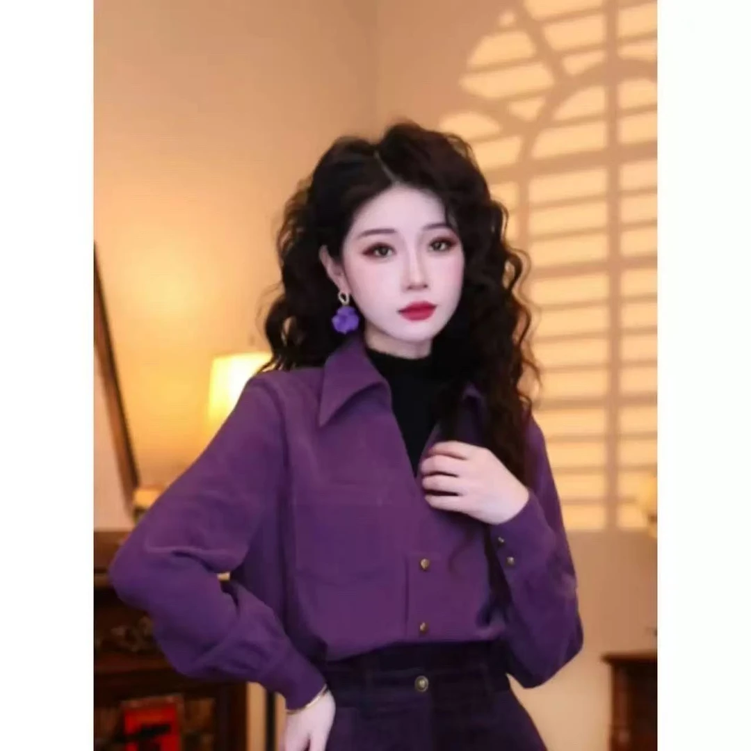 【送运费险】半高领拼接假两件长袖衬衫女2025秋冬宽松通勤衬衣778