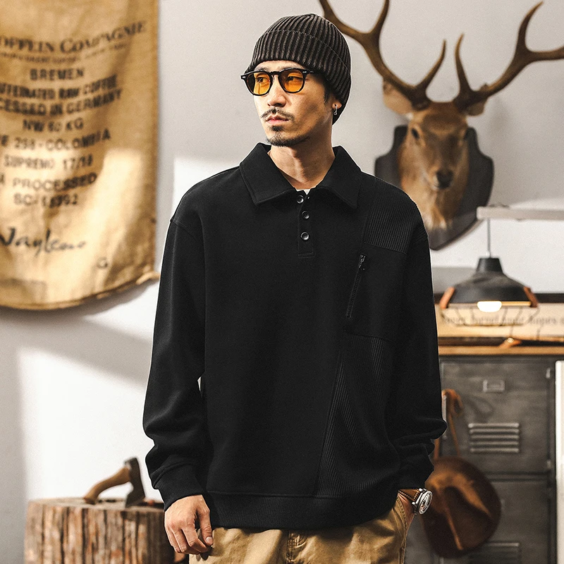 春秋新款百搭翻领卫衣男潮牌宽松休闲上衣秋季美式复古长袖Polo衫