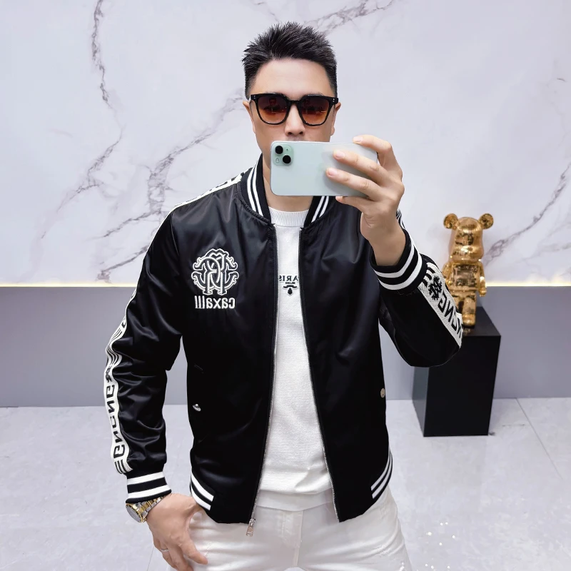 法尔利格男士夹克重磅刺绣机车服棒球领修身潮牌男装外套夹克衫