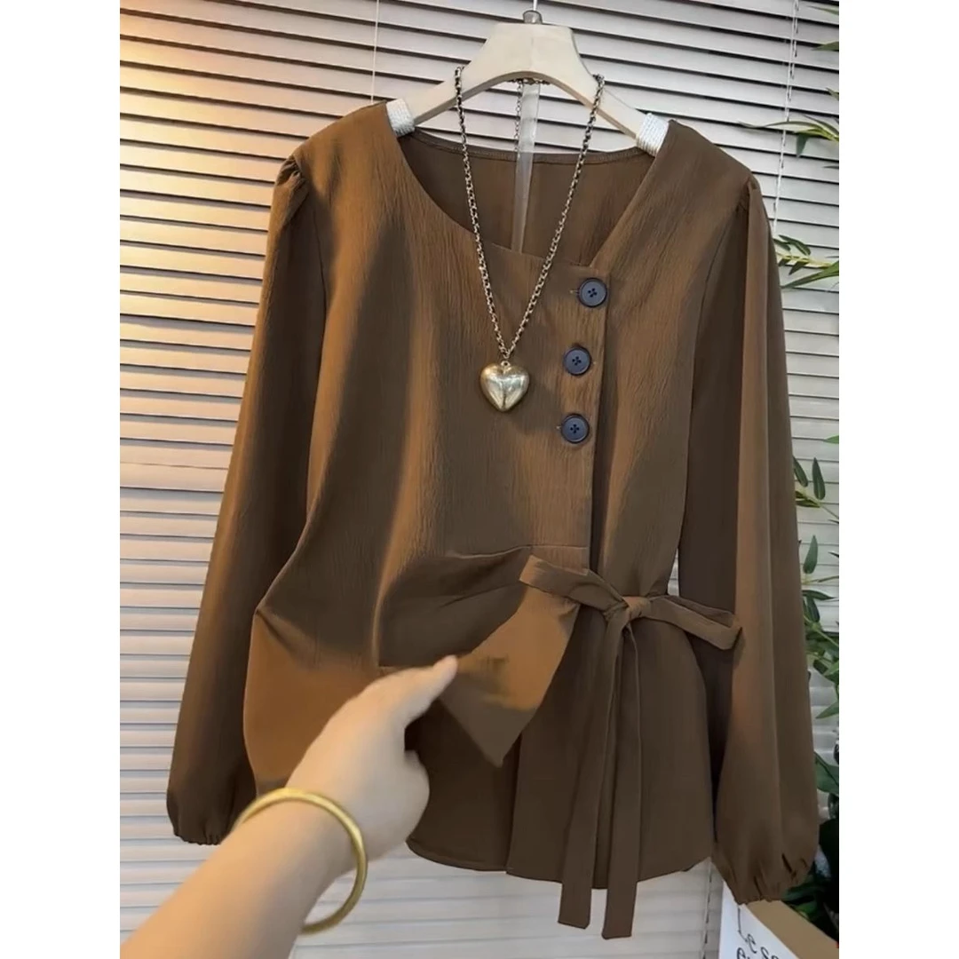 法式长袖衬衫2025春季大码新款收腰不规则纽扣系带时尚设计感上衣