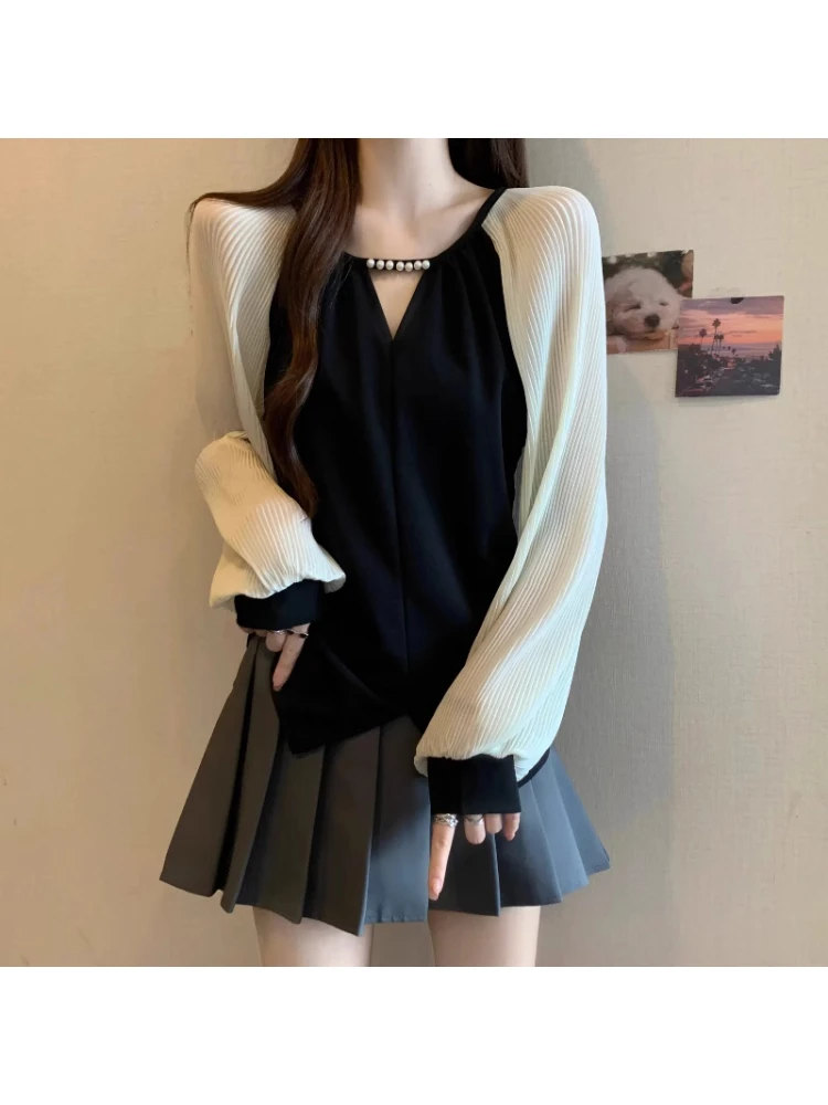 高级感轻奢法式钉珠V领长袖衬衫大码女装2025秋季胖mm插肩袖上衣