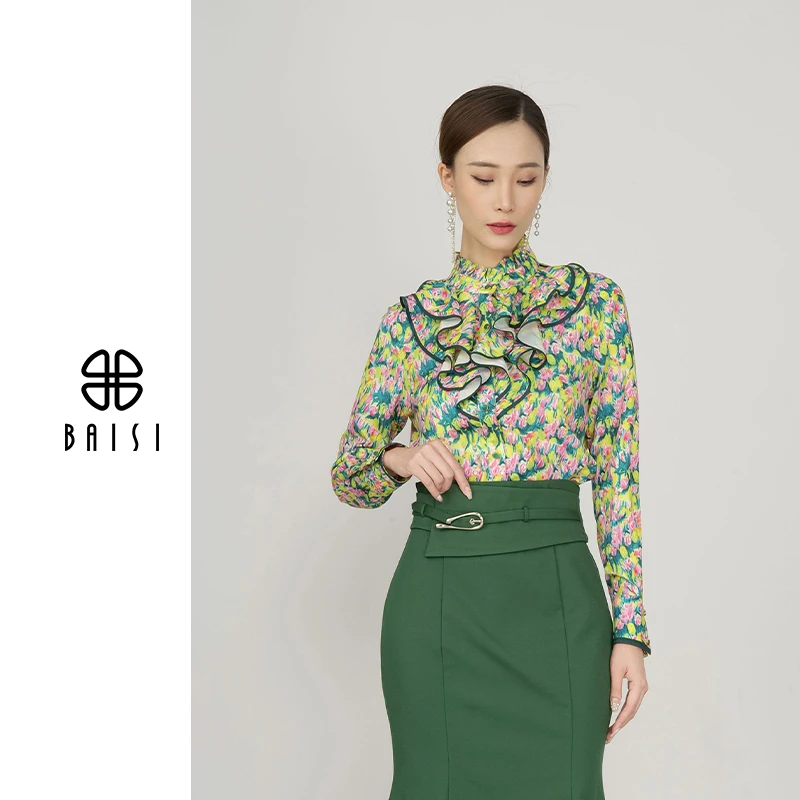 BAISI/百丝洋气时尚衣服复古碎花印花衬衫法式气质优雅长袖修身百