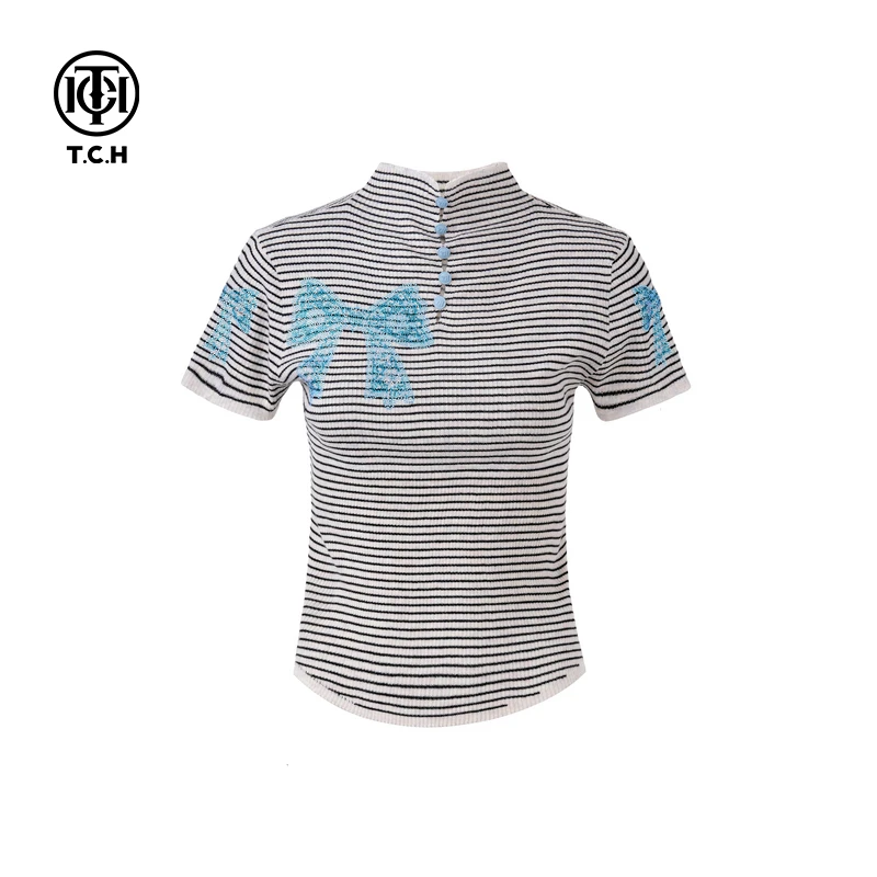 -TCH2025春季新款女款时尚休闲针织衫蓝色烫钻蝴蝶结翻领T恤衫