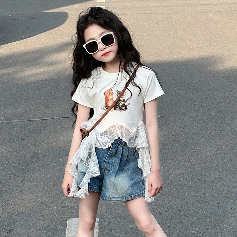 女童短袖T恤2025夏装新款小女孩洋气时髦蕾丝拼接上衣儿童打底潮t