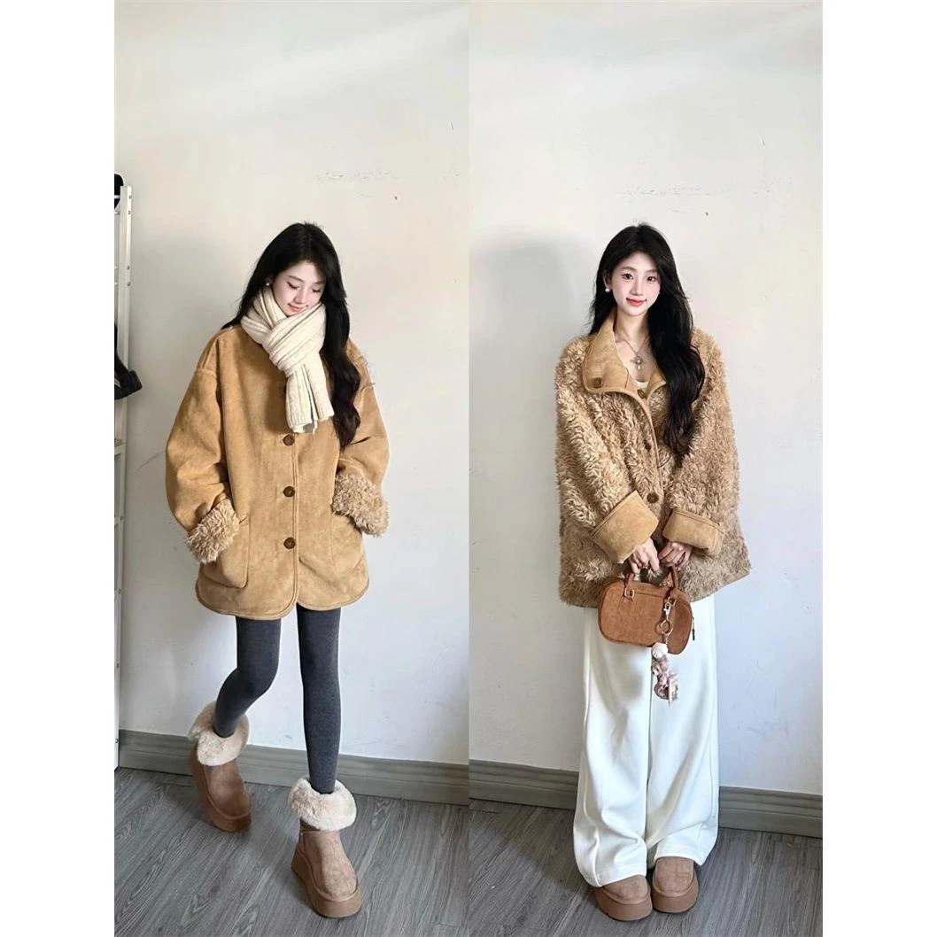 两面穿皮毛一体羊羔毛外套女冬季新款韩系加绒加厚高级感机车棉服